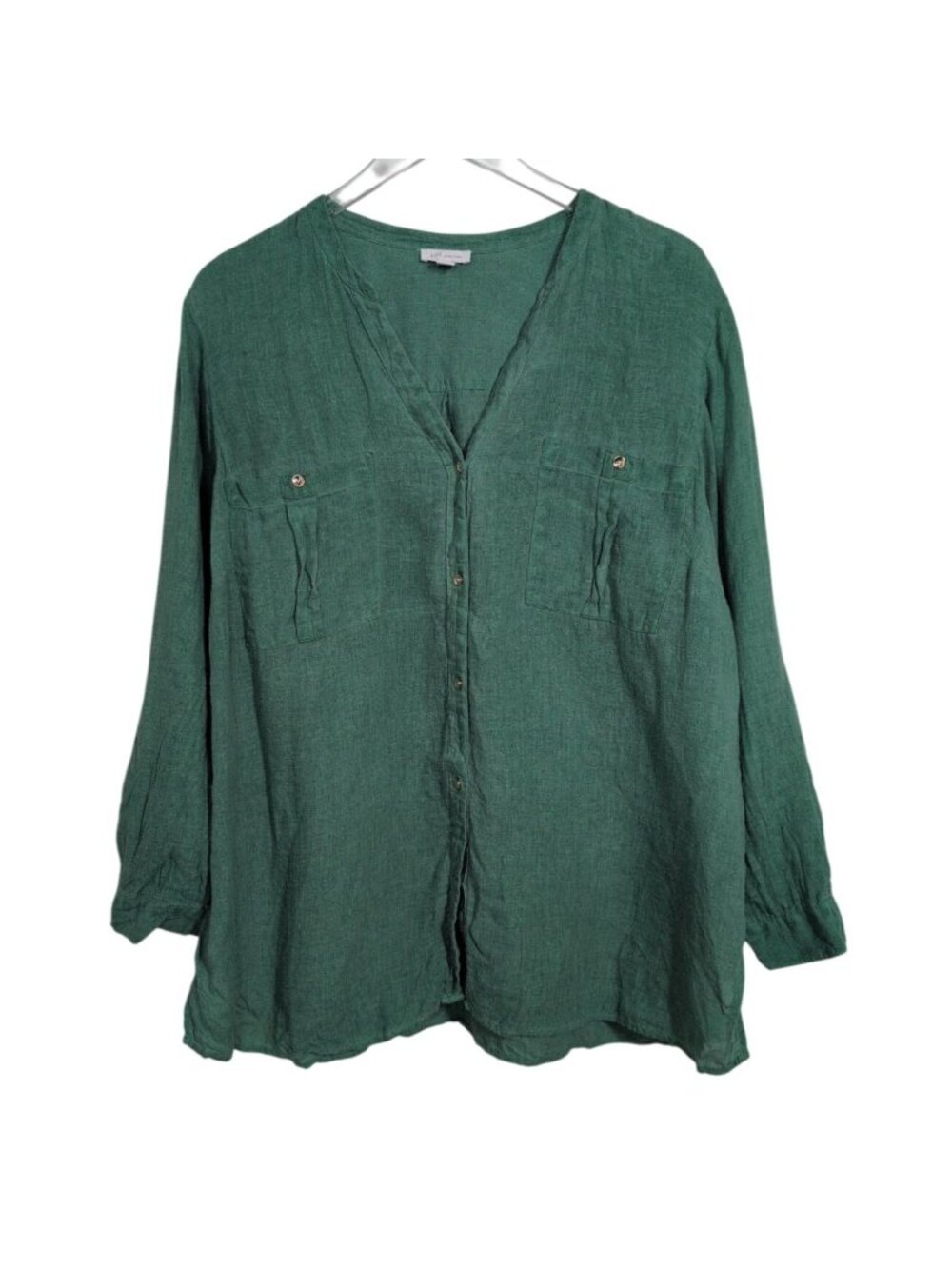 J Jill Love Linen V Neck Shirt Womens Petite  Size XL Green Long Sleeve Boho